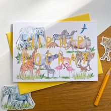 Load image into Gallery viewer, Hip Hip Hooray greetings card with safari animals and yellow envelope