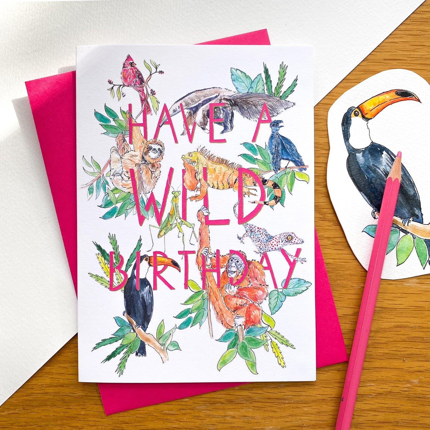 Have a wild birthday - jungle animal card with pink envelope