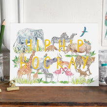 Load image into Gallery viewer, Hip Hip hooray celebration card with wild animals on a mantlepiece