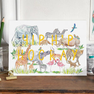 Hip Hip hooray celebration card with wild animals on a mantlepiece