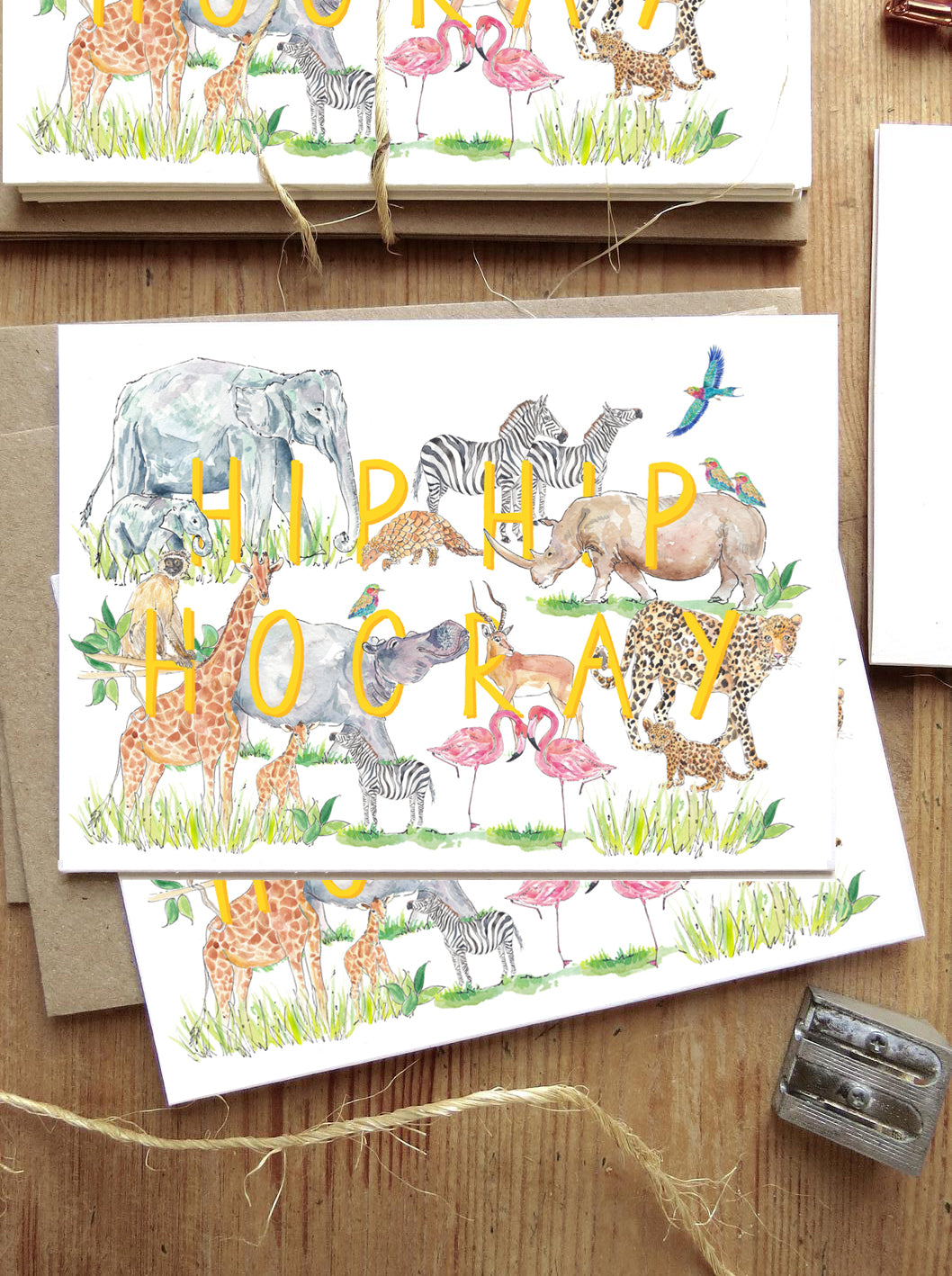 Celebration card with animals flatlay