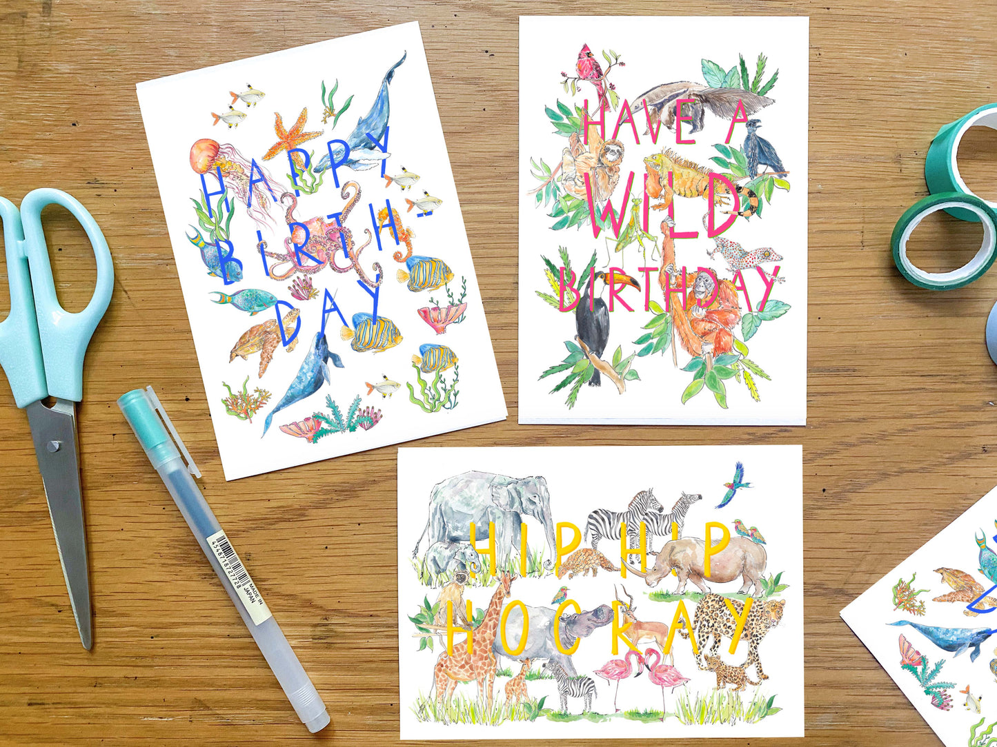 Animal Celebration cards - happy birthday, wild birthday, hip hip hooray - flatlay