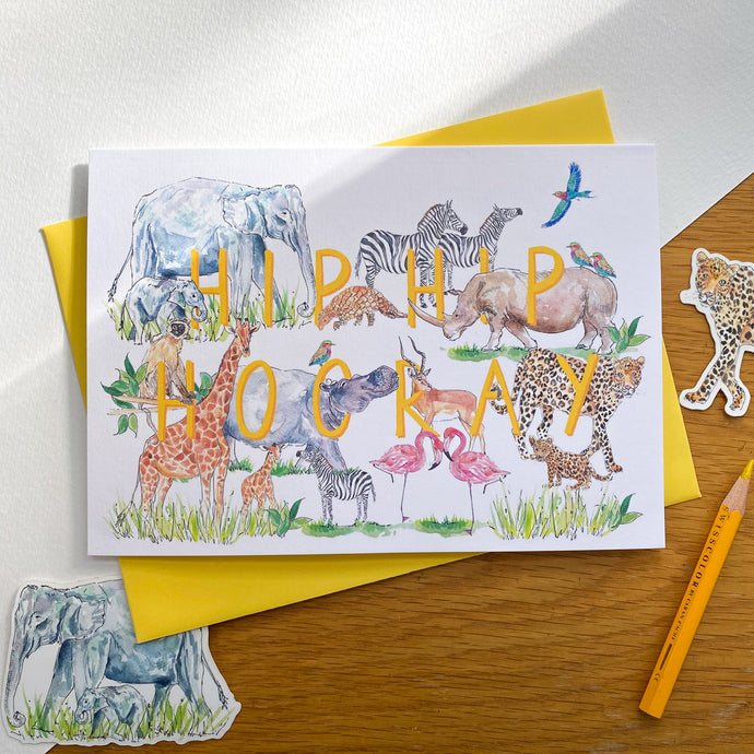 Hip Hip Hooray greetings card with safari animals and yellow envelope
