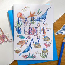 Load image into Gallery viewer, Happy birthday card with sea creatures and blue envelope
