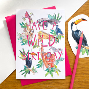 Have a wild birthday - jungle animal card with pink envelope