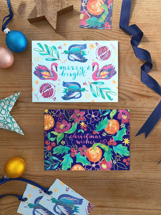 Merry & Bright Christmas Card collection set - Swans & Swallows + Hellebores & Holly