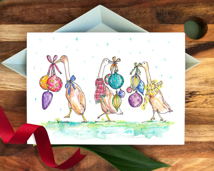 Three Ducks a’ Decorating Christmas card