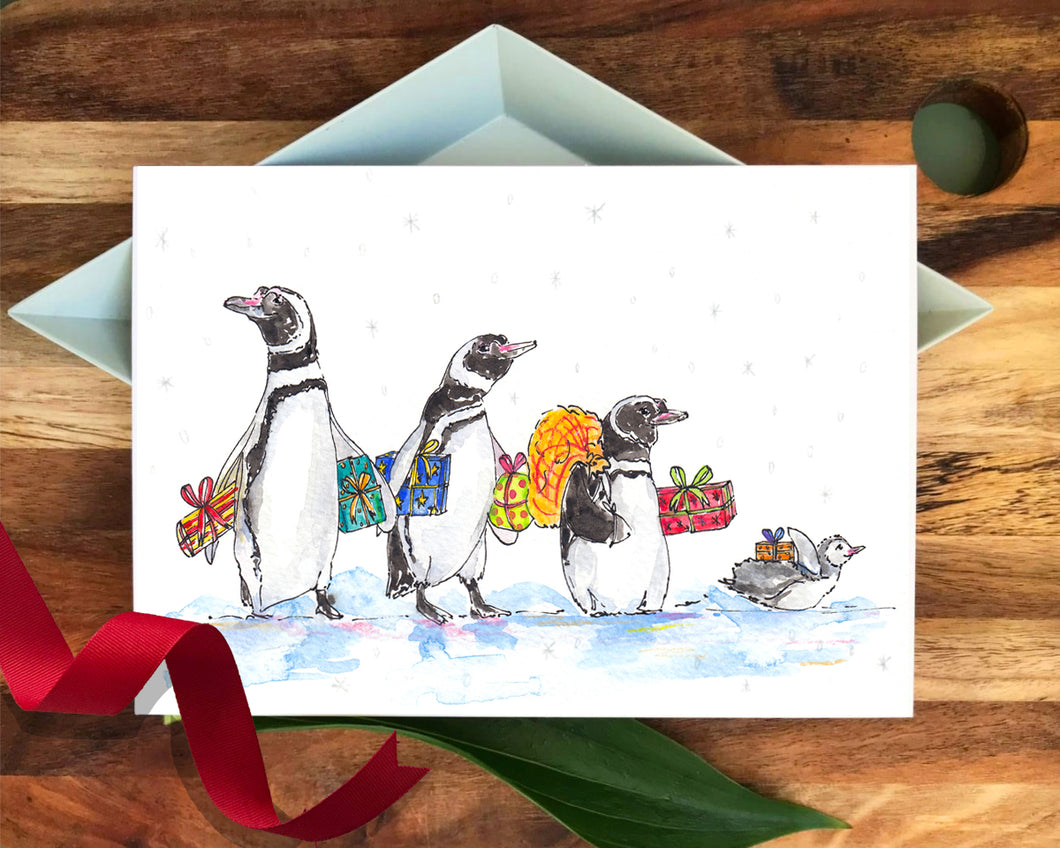 Four Penguins & Presents Christmas card