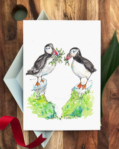 Two Puffins Kissing Christmas card