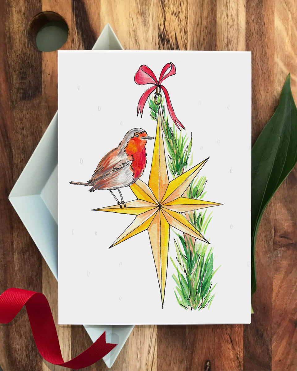 Robin on Top of the Tree Christmas card