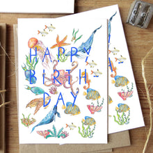 Load image into Gallery viewer, Happy birthday greetings card with underwater animals and fish flatlay